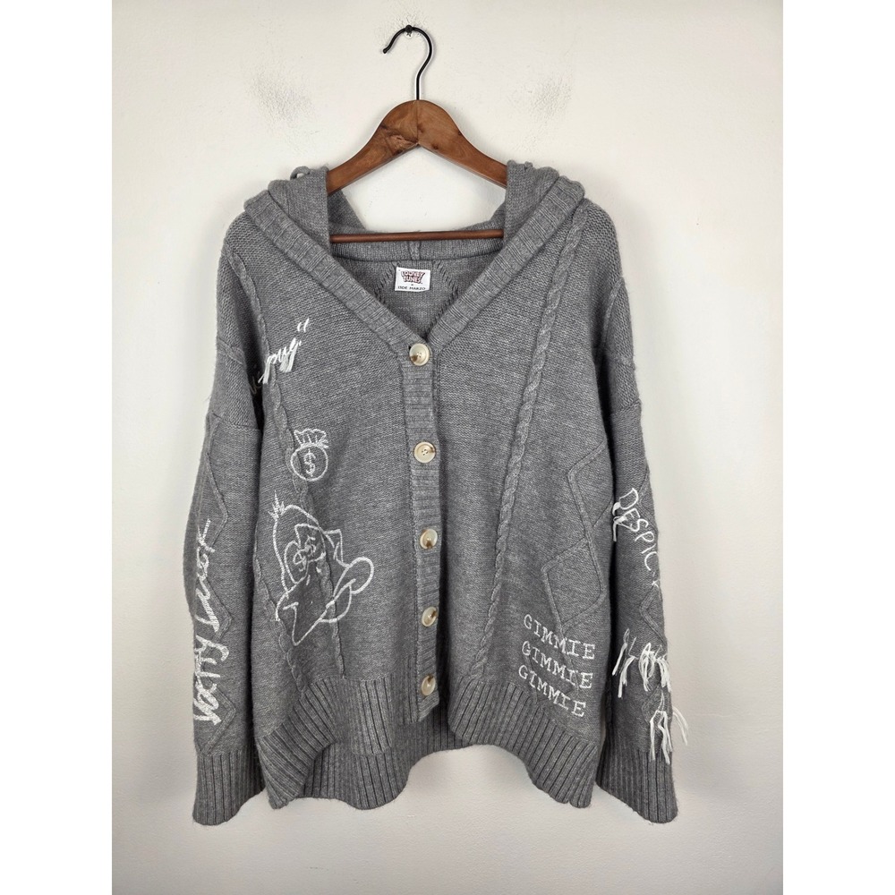 13DE MARZO Looney Tunes Daffy Duck Grey Knit Hooded‎ Cardigan Sweater Mens Med